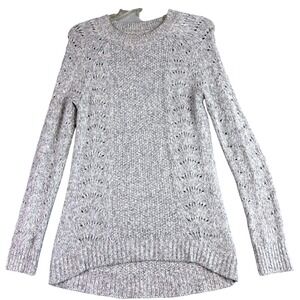 LOFT Women's Gray Knit Sweater Size XS Long Sleeve Crew Neck Lace Detail Cottage